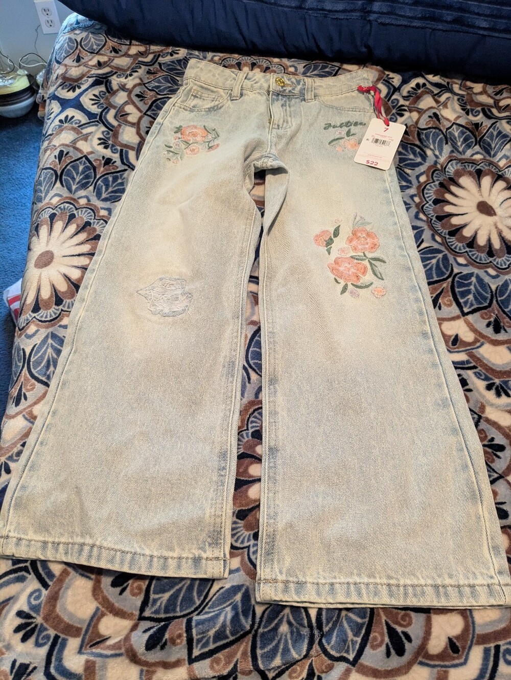 Justice Floral Embroidered Light Wash 5 Pocket Kids' Jeans